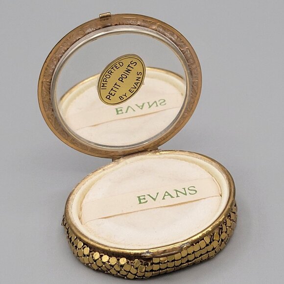 Evans Floral Petit Point Collapsible Compact With Puff Gold Tone Mesh Vtg 1930s - Picture 3 of 10